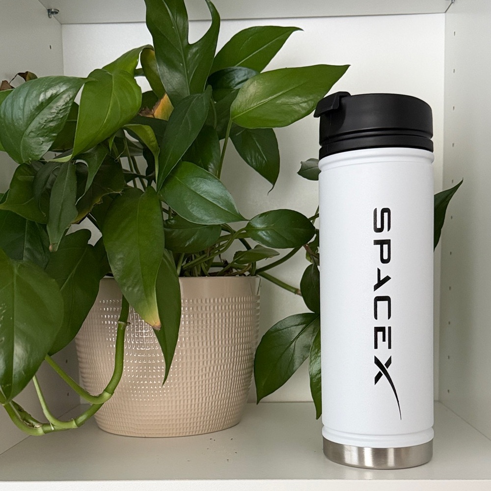 SpaceX White Travel Mug - Metal Thermos w/ Lid - White & Black - Simple - Space